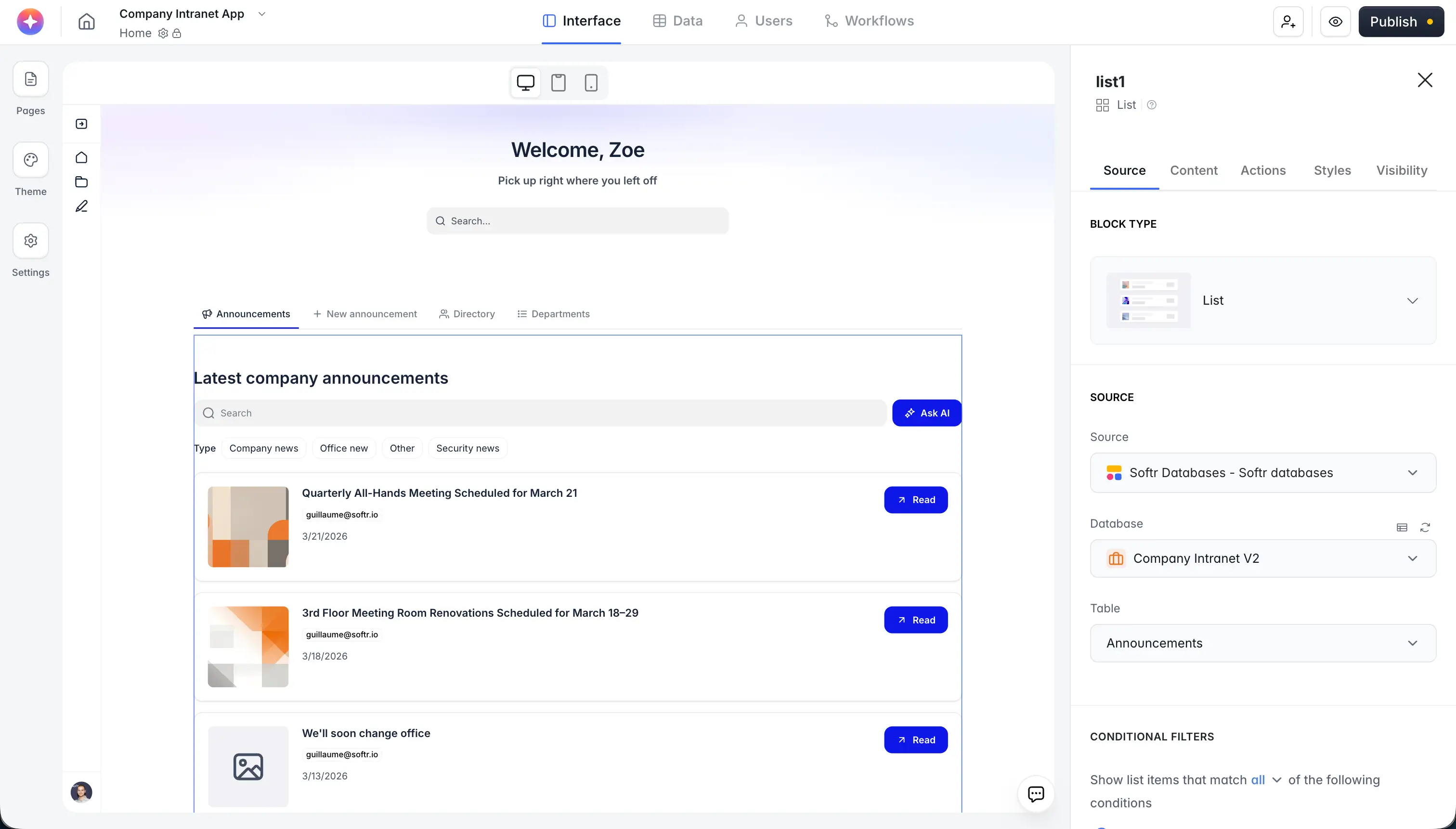 Latest company announcements block in Softr intranet