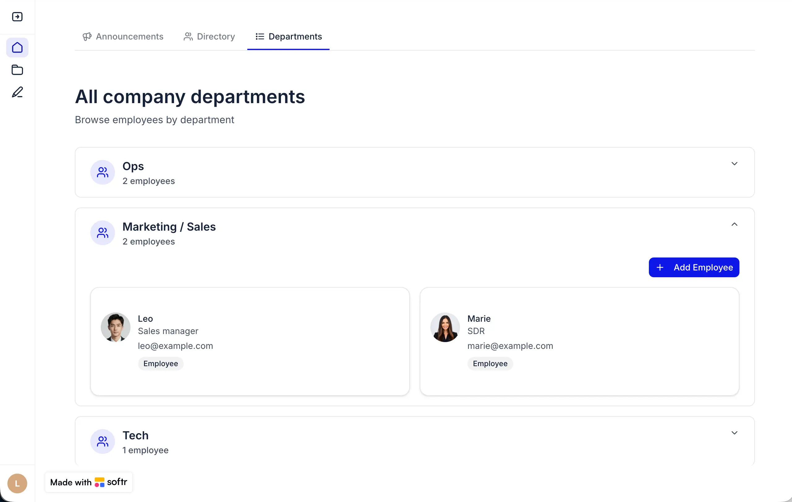 Softr company departments page in the intranet