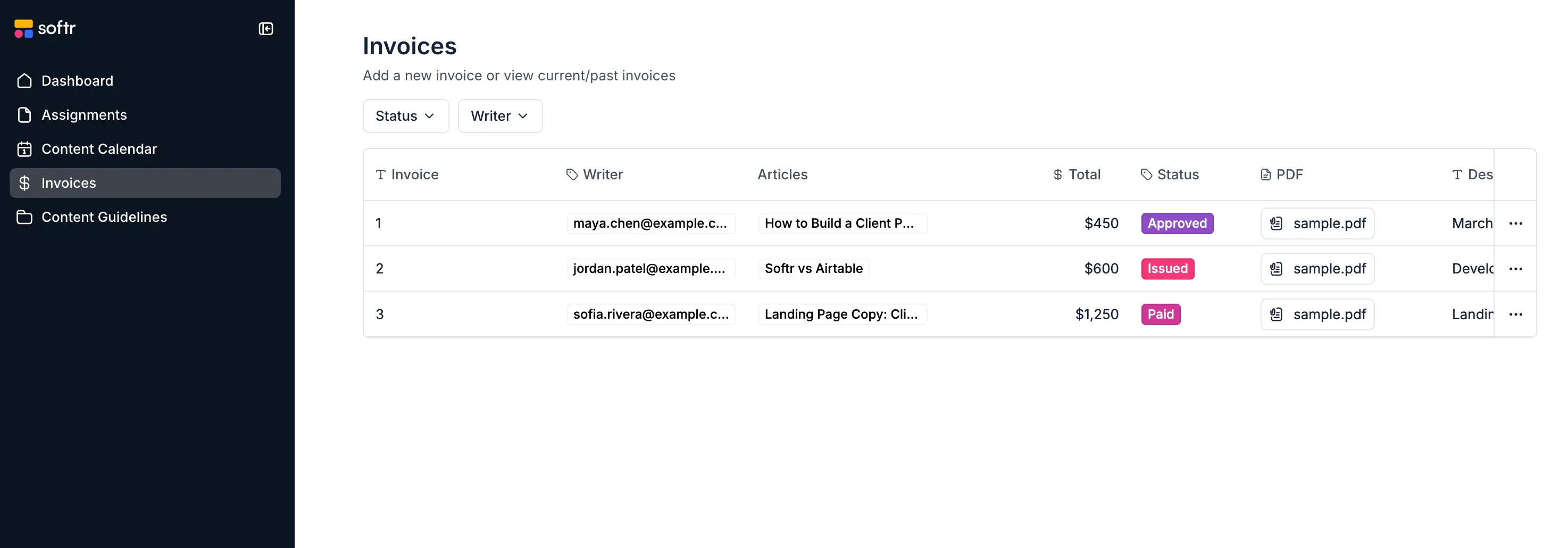 Invoices page