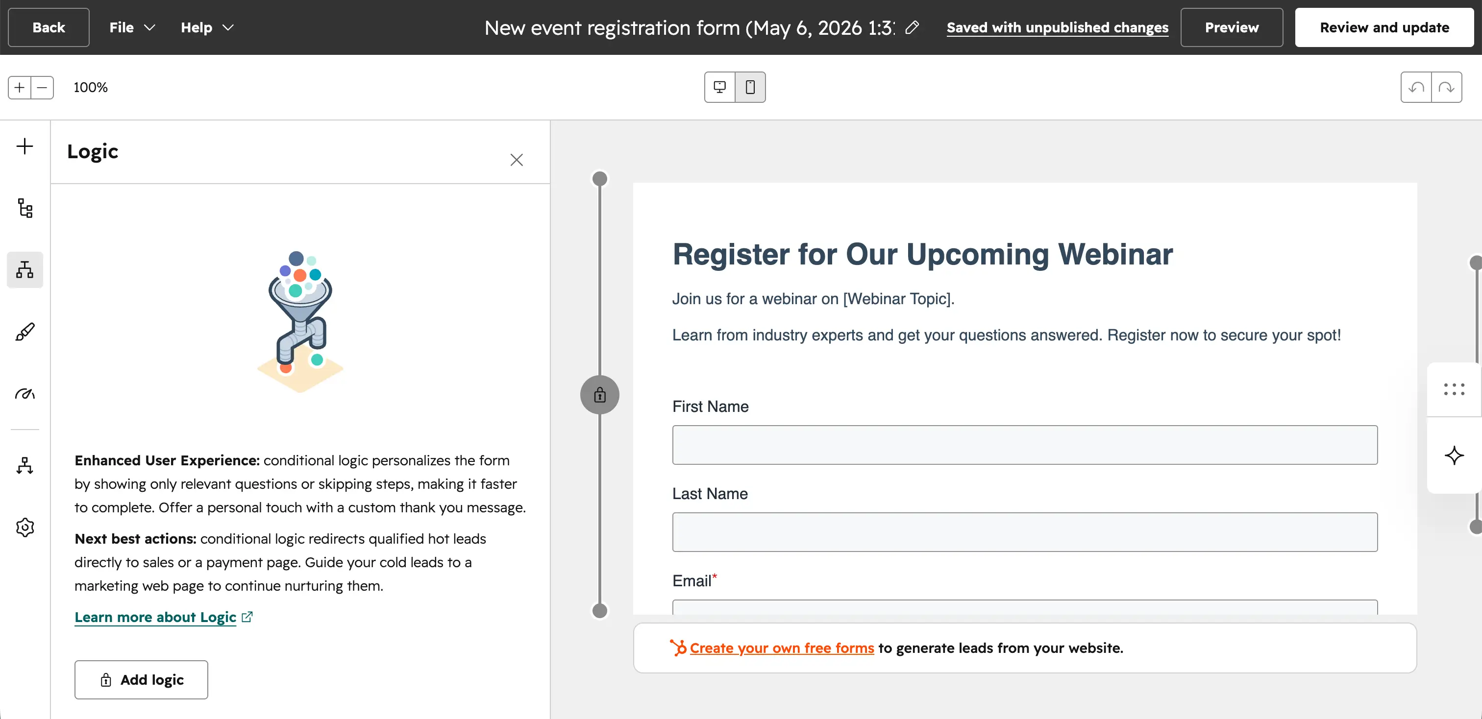 HubSpot Forms showcasing visual builder with logic settings behind paywall