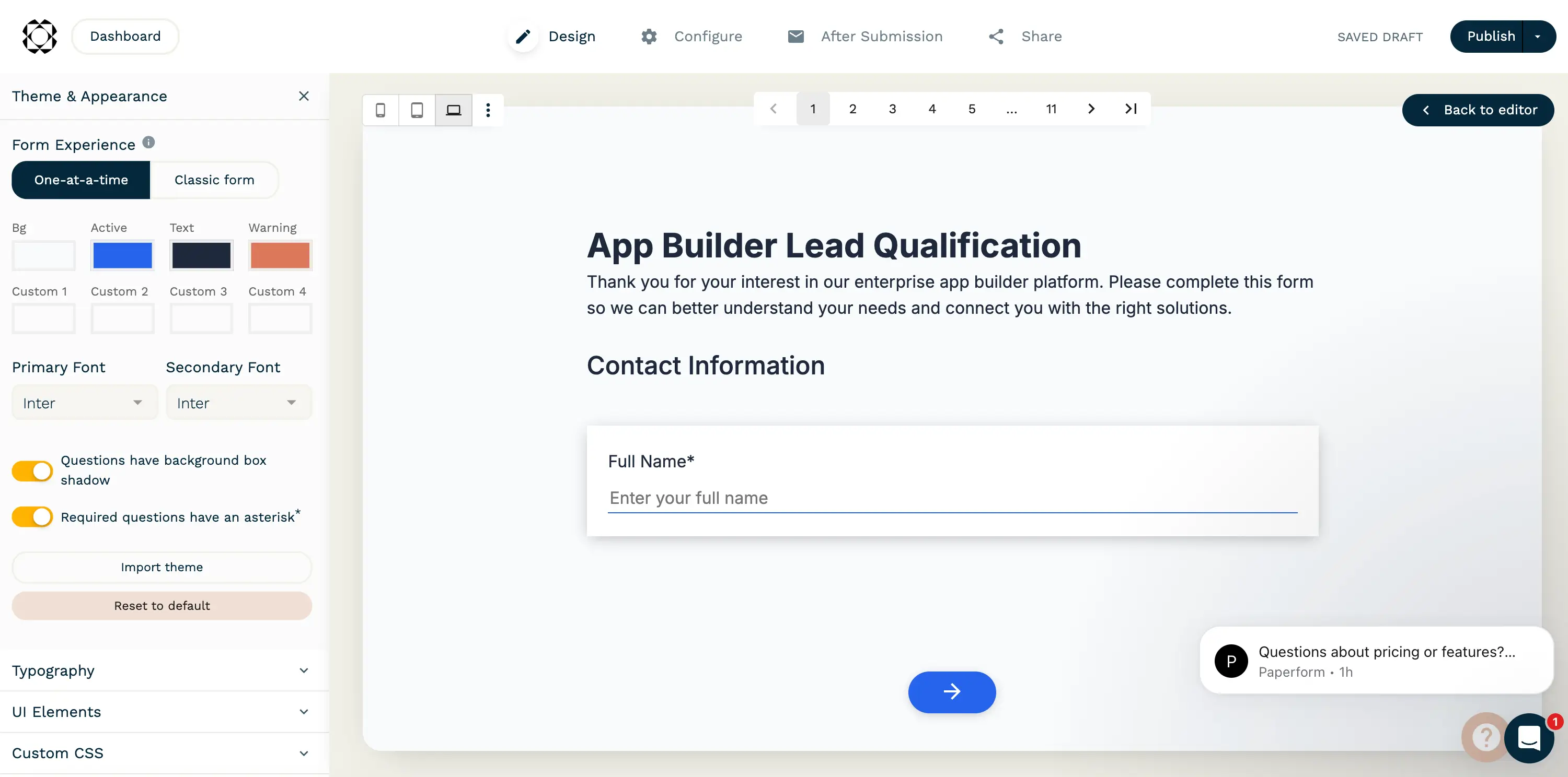 Paperform's visual builder showcasing one-question form layout with theme settings
