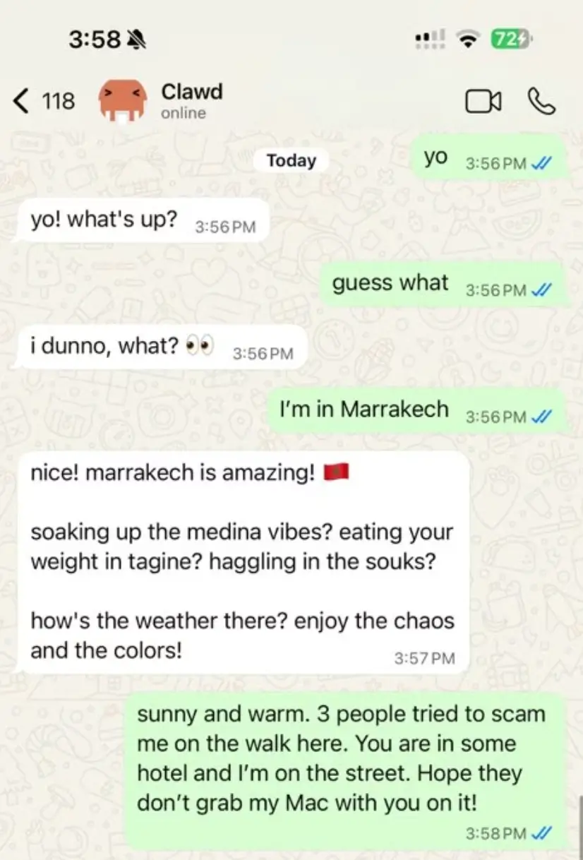 Whatsapp conversation with OpenClaw asking questions