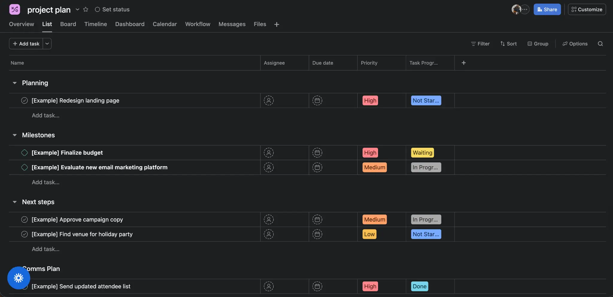 Asana showcasing planning layout for a project plan with individual tasks and milestones