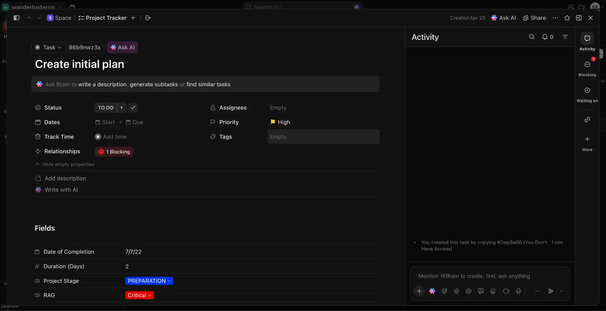 ClickUp showcasing a project breakdown for task tracking