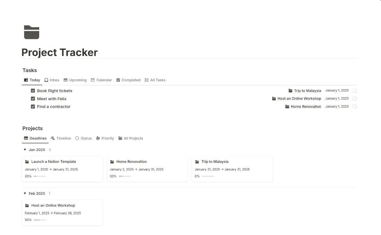 Notion displaying a project tracker with tasks, projects, and dates