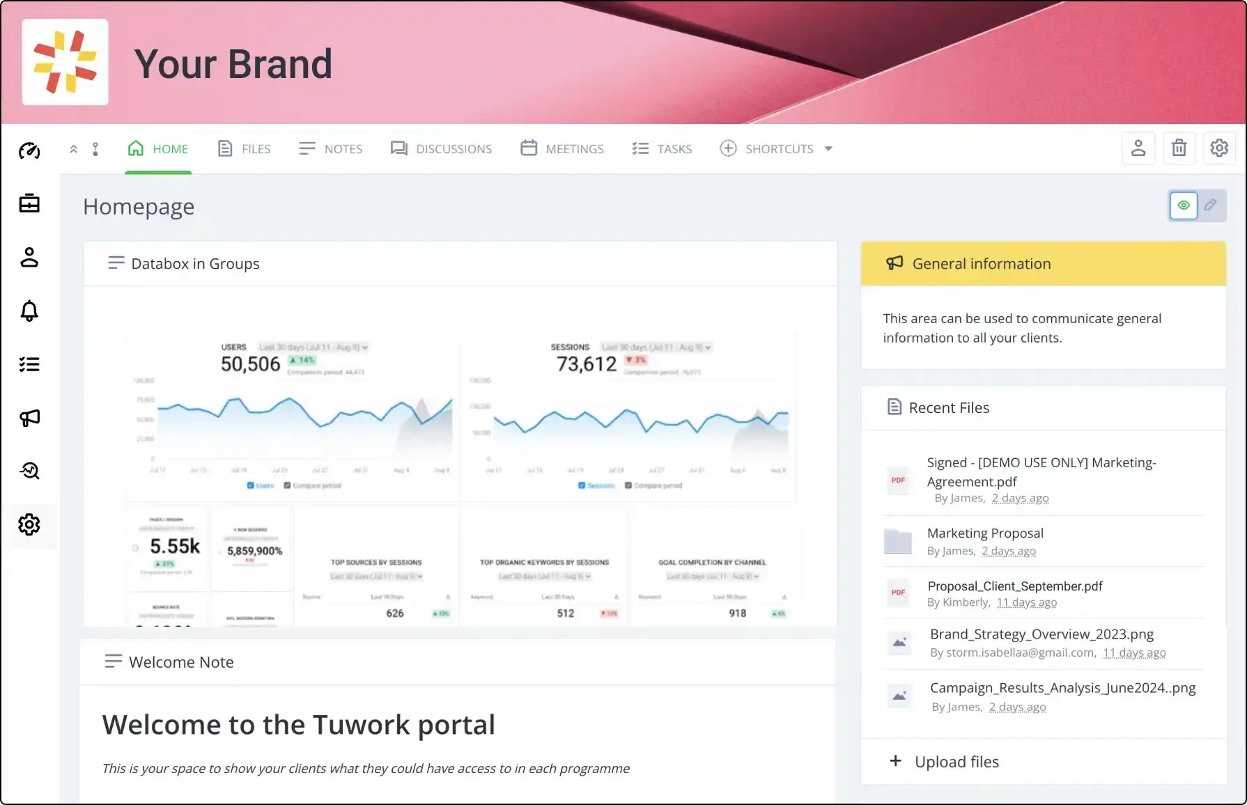 Clinked's client portal template showcasing homepage with dashboards