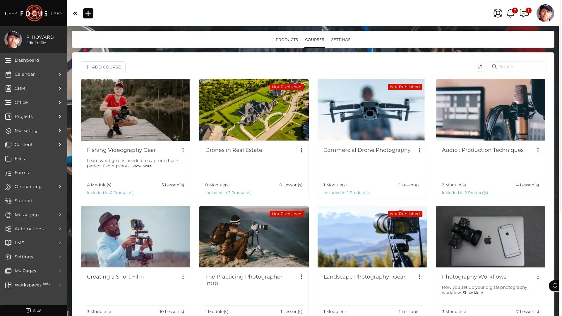 SuiteDash's client portal showcasing courses