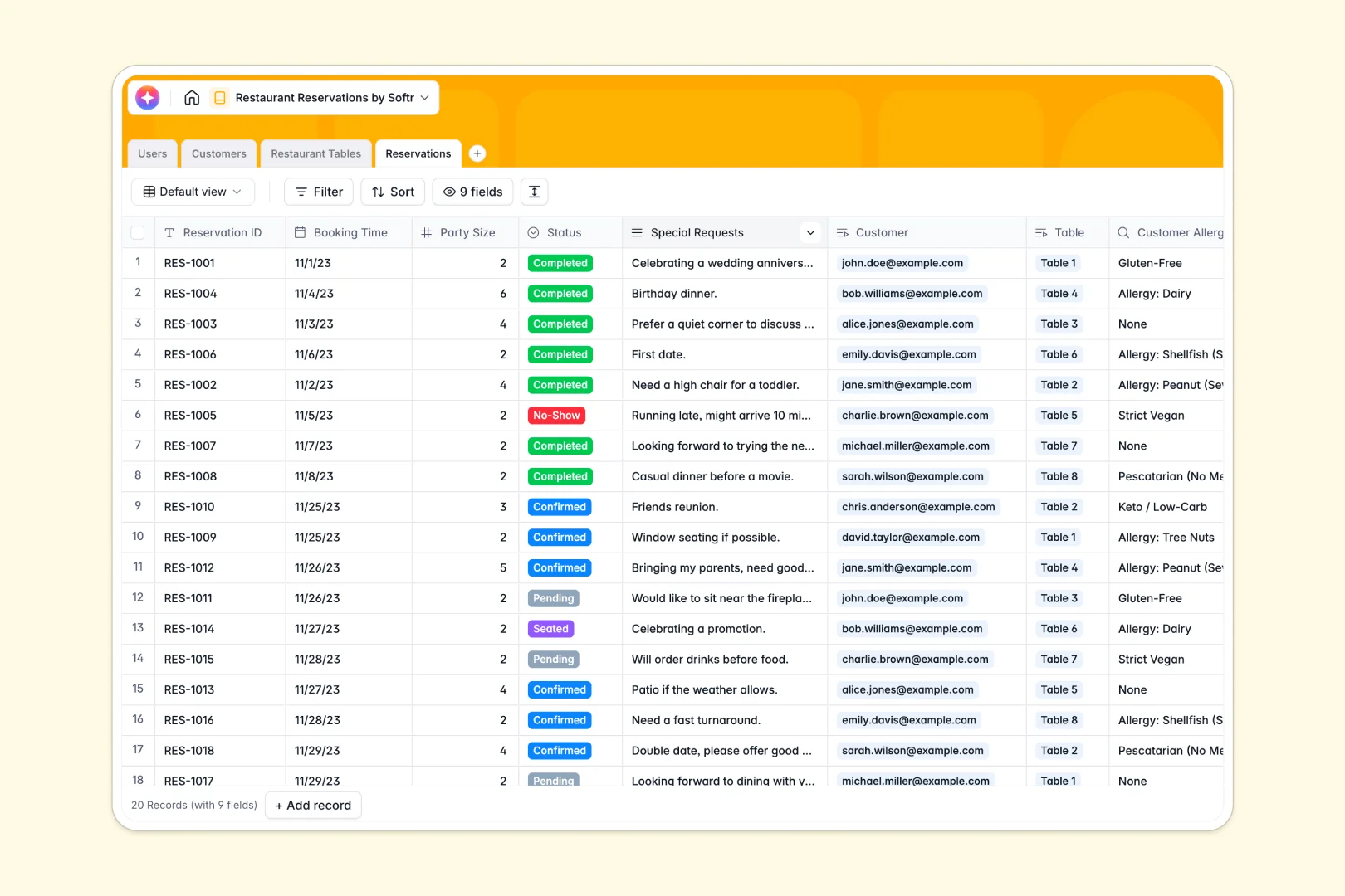 restaurant reservations database