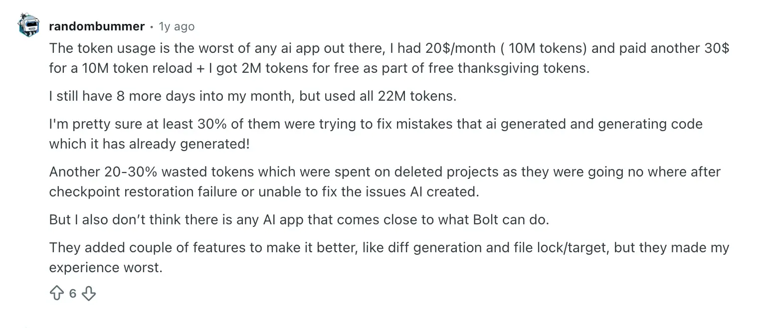 Reddit user complaining about using up 22m tokens in Bolt in one month