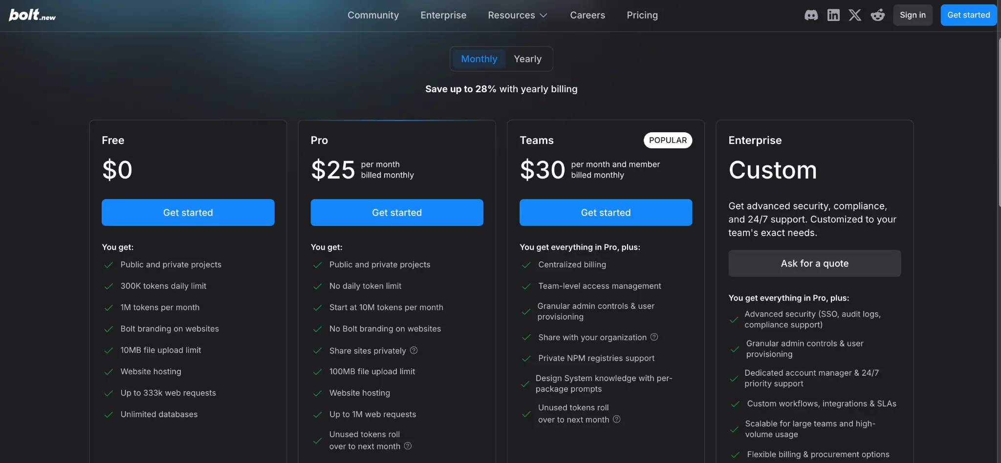 Bolt's pricing page covering free, pro, teams, and enterprise pricing plans