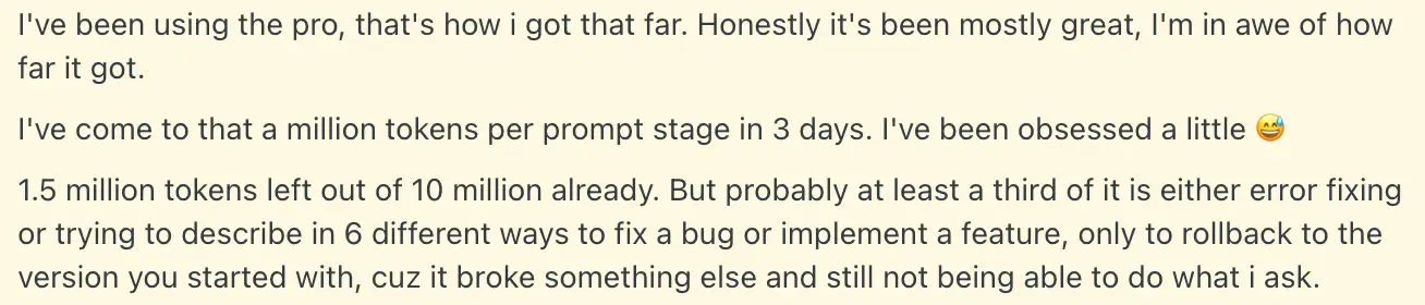 Reddit user explaining how many Bolt tokens were spent on error fixing