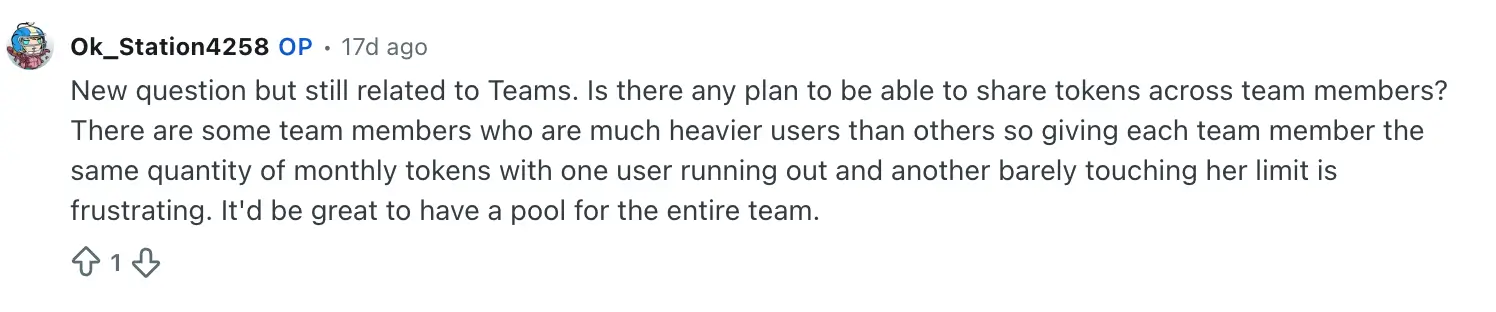 Reddit user asking Bolt Teams subscription to include token sharing