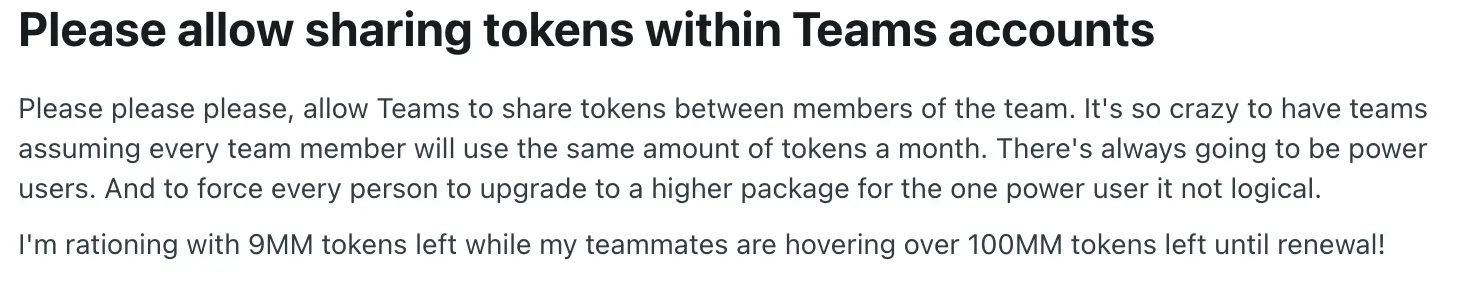 Reddit user asking for Bolt teams account to share tokens among users