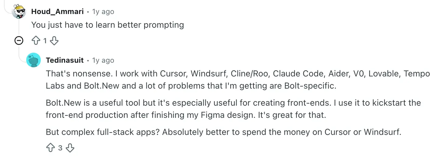 Reddit user detailing other AI IDEs and app builders to avoid Bolt problems