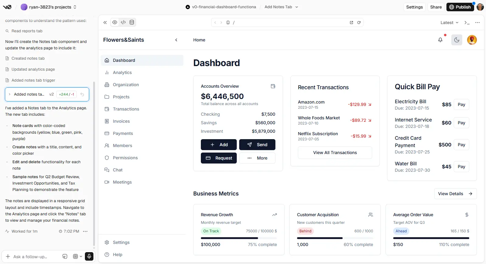 v0 dashboard getting generated with a prompt