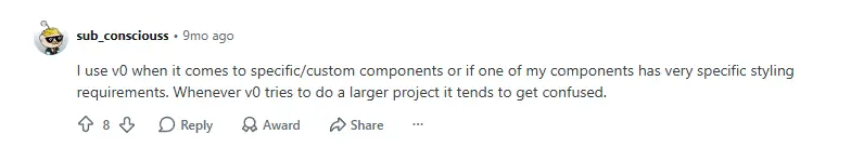 Reddit user talking about v0 and Claude Code