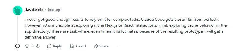 Reddit user talking about v0 and Claude Code