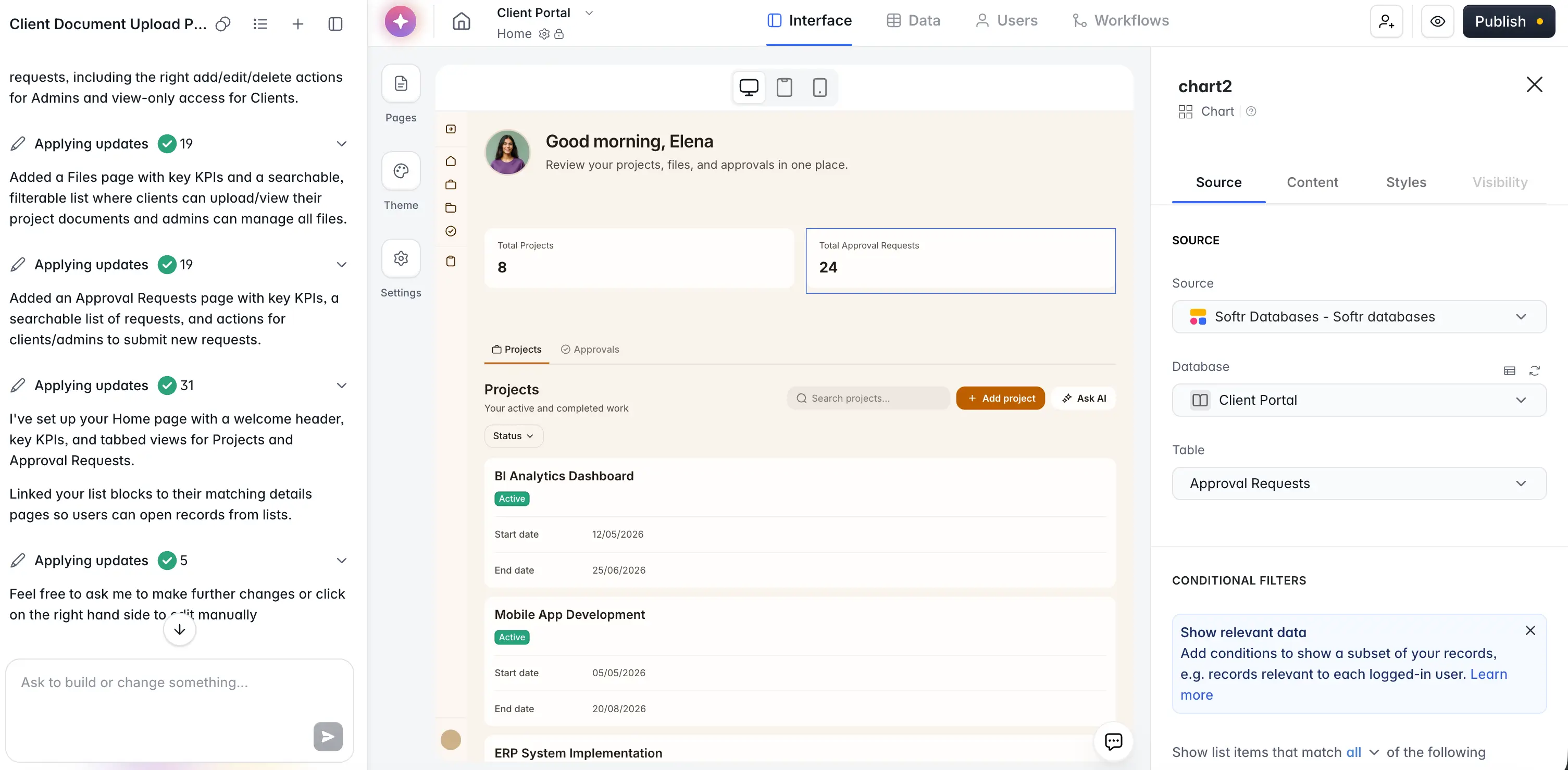 Softr's AI Co-Builder interacting with user in a client portal