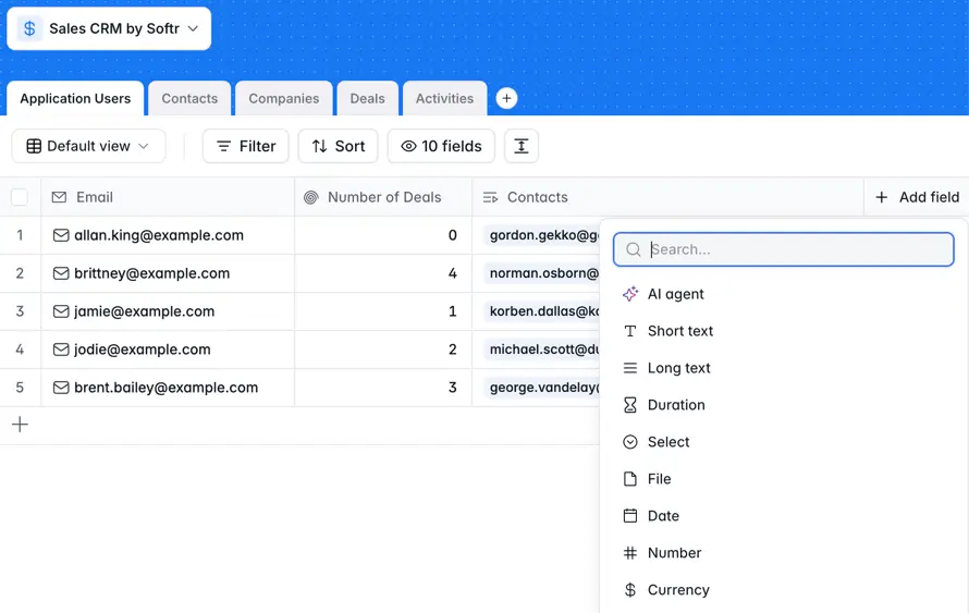 Softr's sales CRM template showcasing different field types