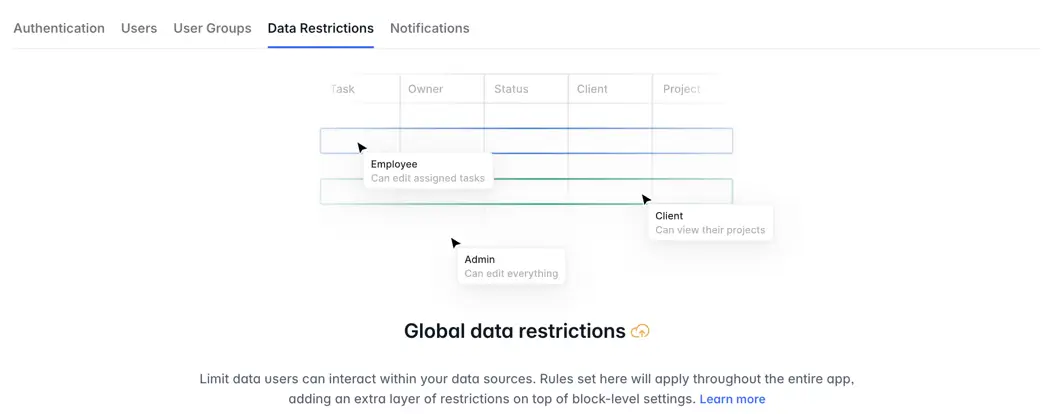 Softr Databases data restrictions settings