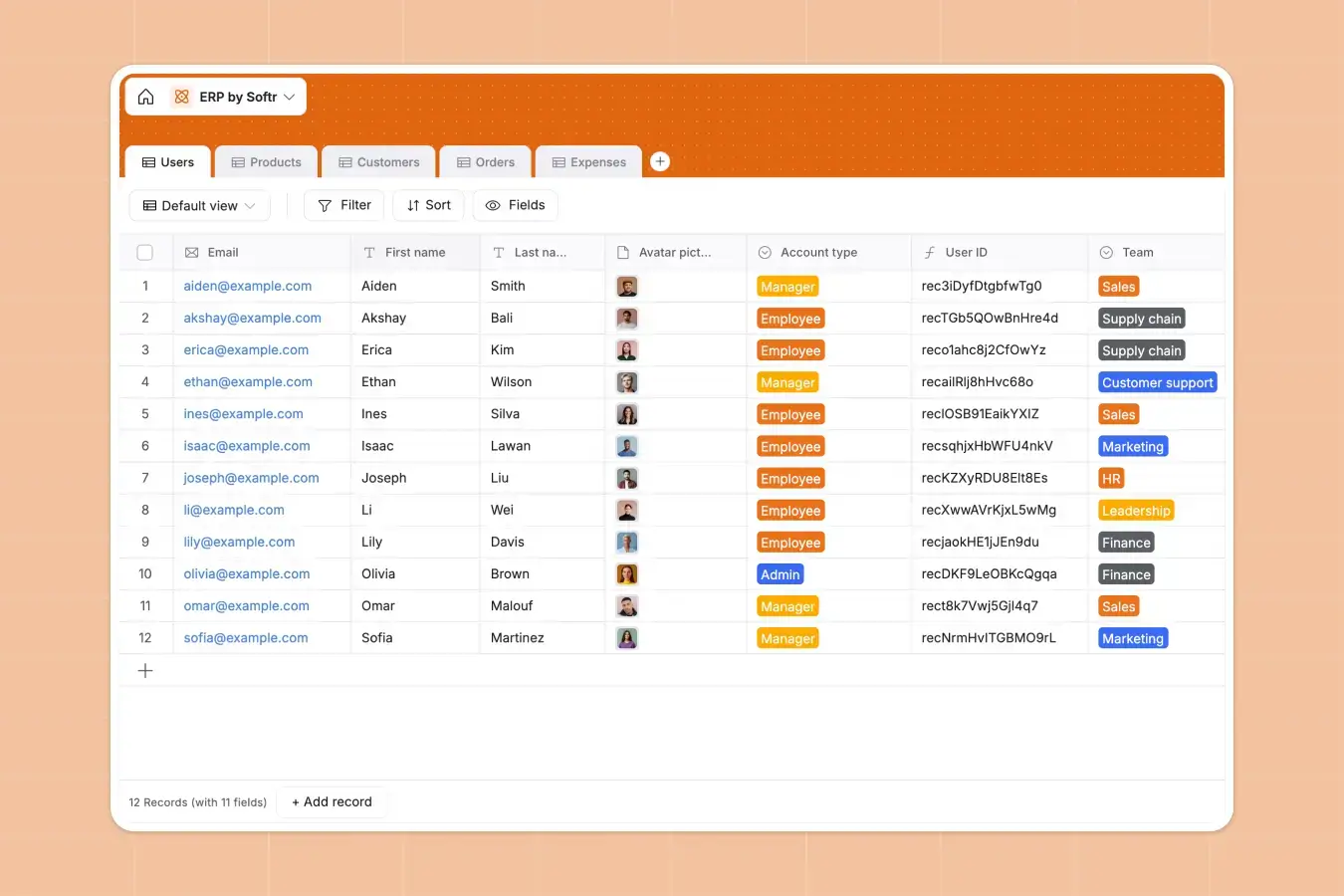 Softr's ERP database template with filled out records