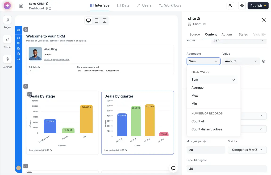 Softr's visual builder in the side panel of a custom CRM