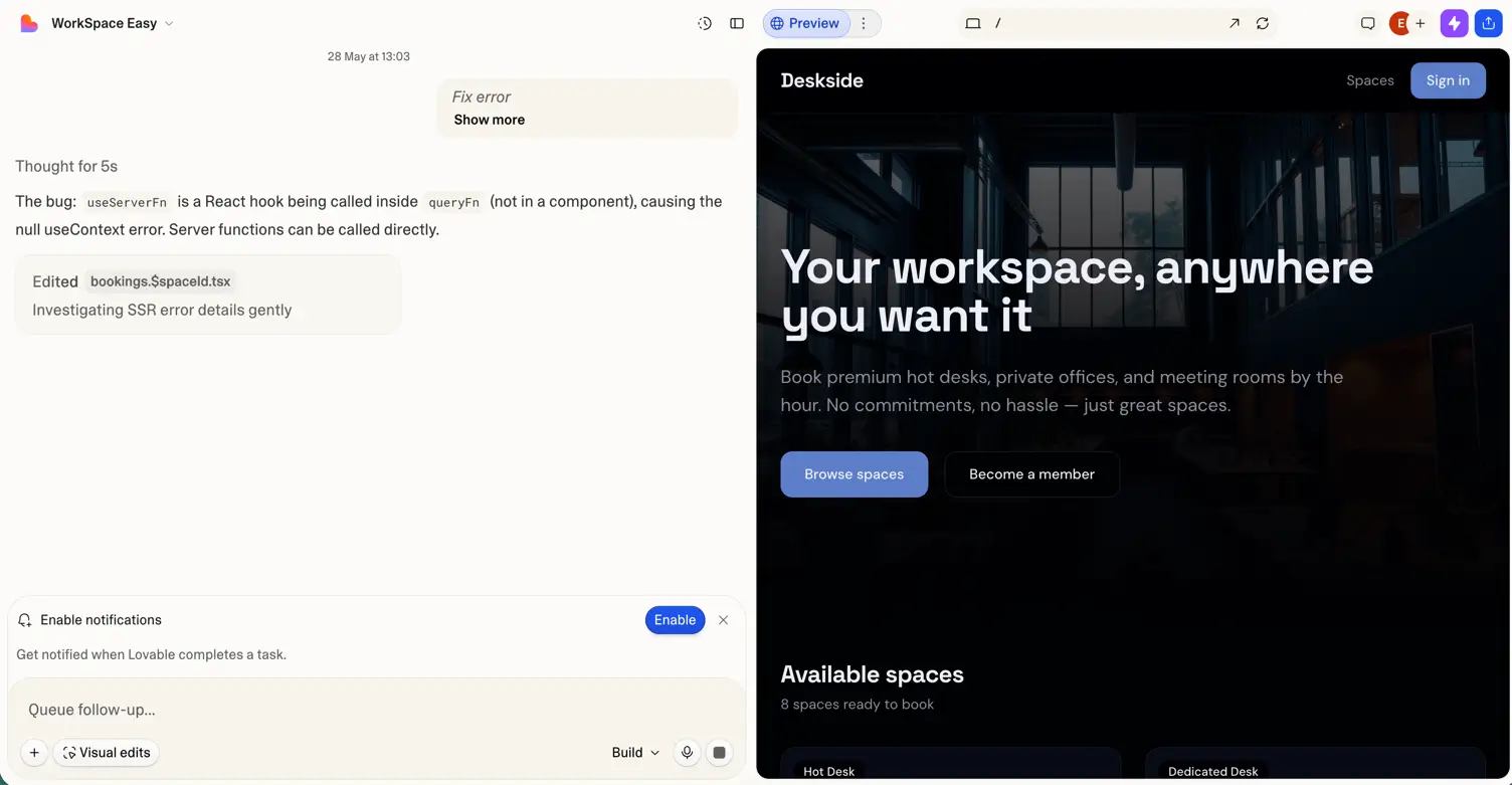 Lovable creating a bookings workspace and running into errors