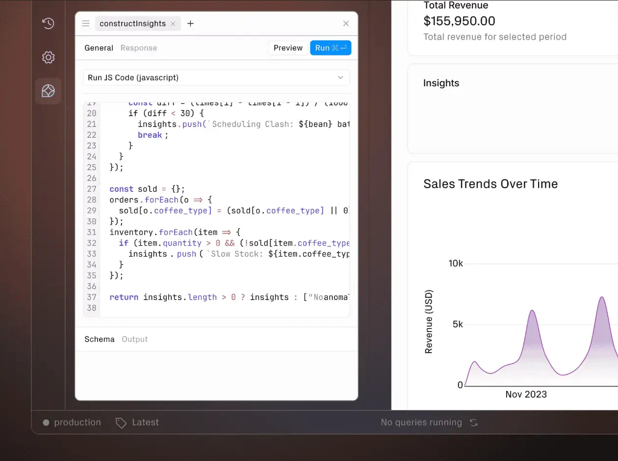 Retool running Javascript code to display dashboard