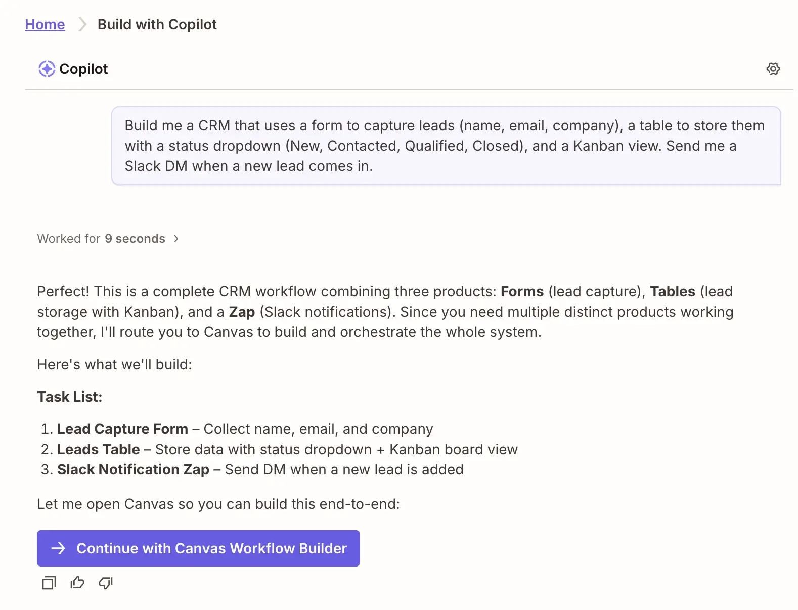 Zapier's Copilot building a lead capture form with notification slack