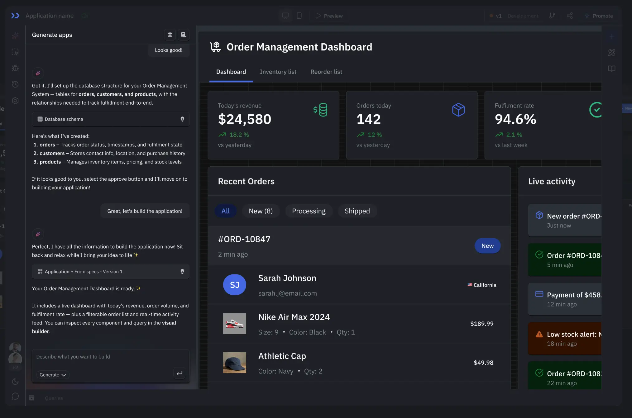 ToolJet generating an order management dashboard