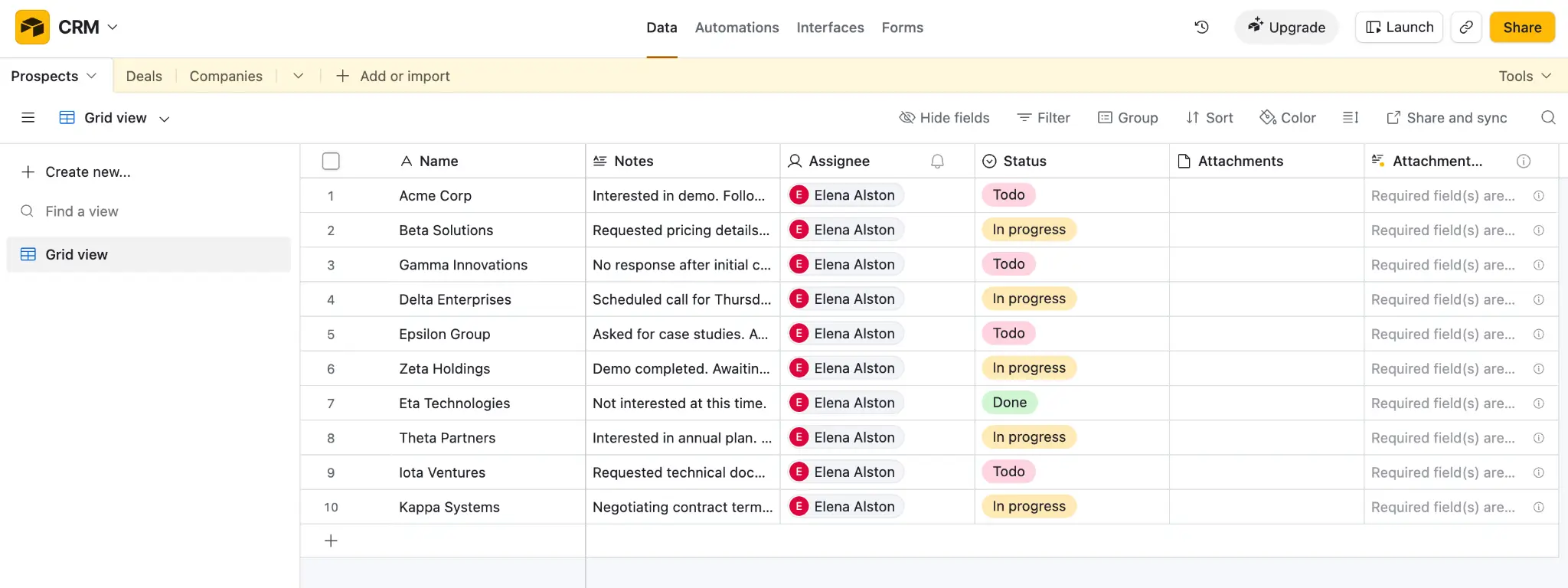 Airtable database example with fields