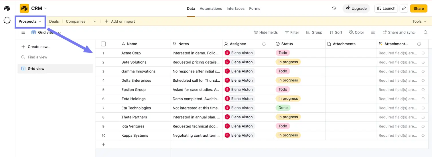 Airtable CRM base with the Prospects table open in grid view