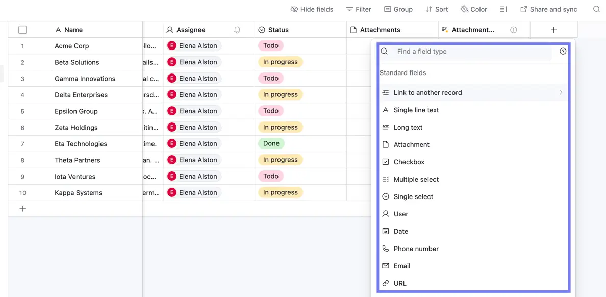 Airtable field type menu listing standard field options