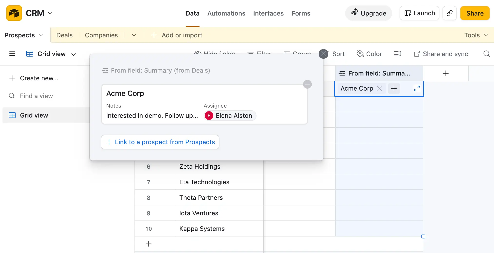 Linked record field connecting a prospect to the Deals table in Airtable