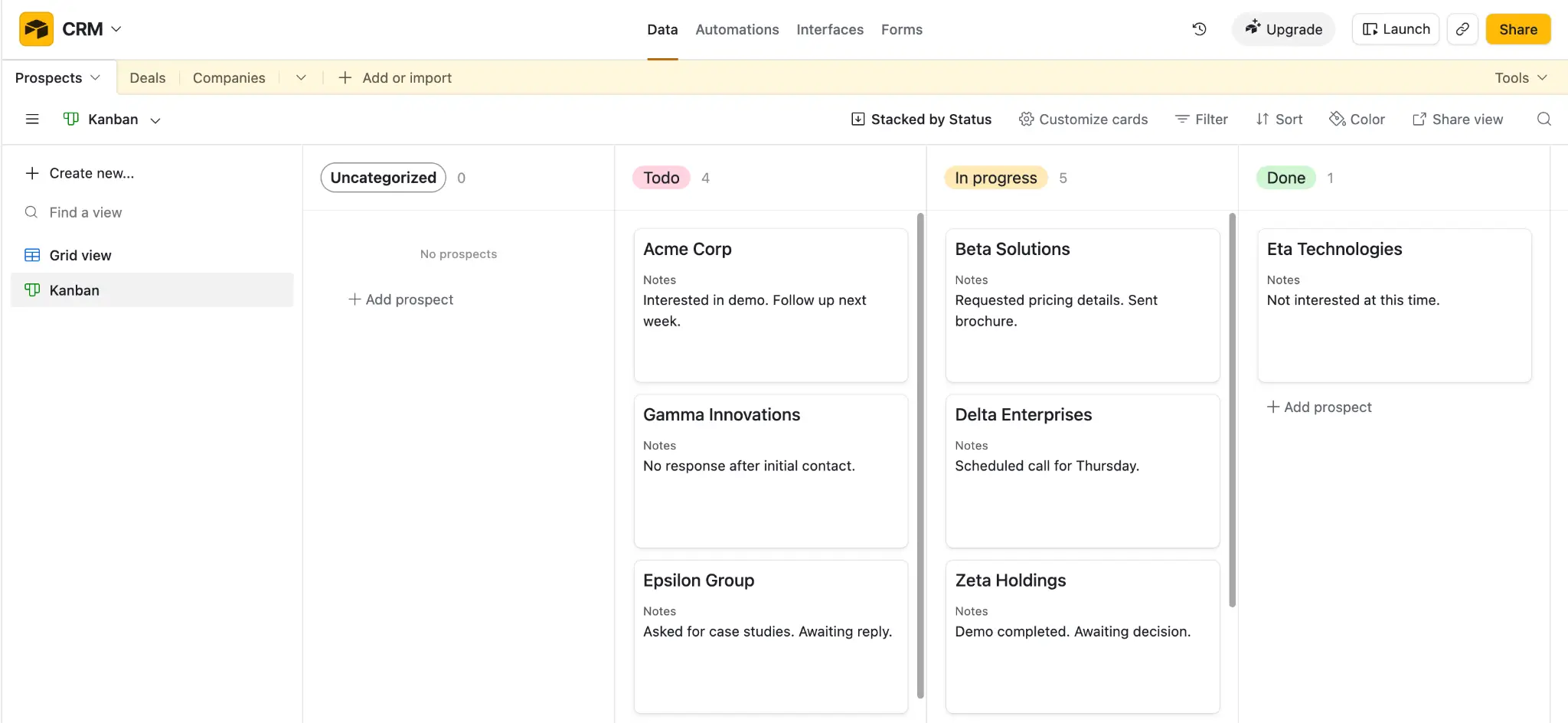 Airtable Kanban view with prospect cards stacked by status