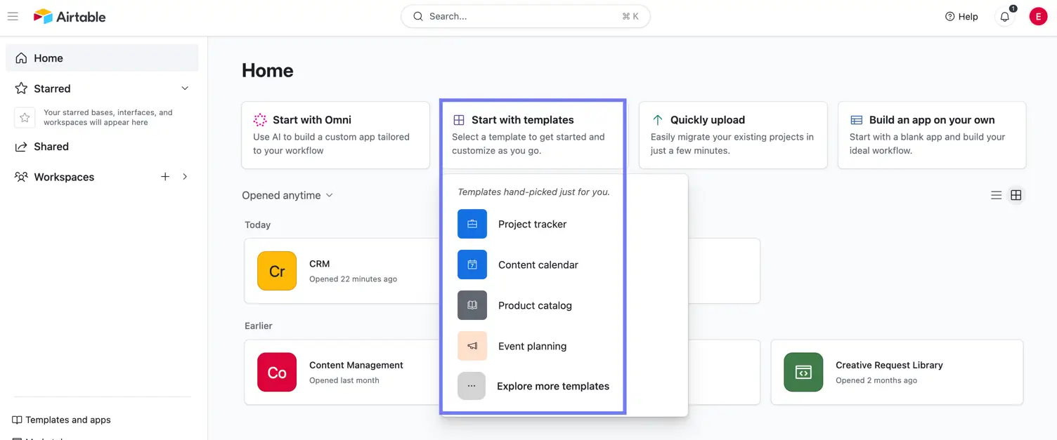 Airtable home screen with the Start with templates option selected