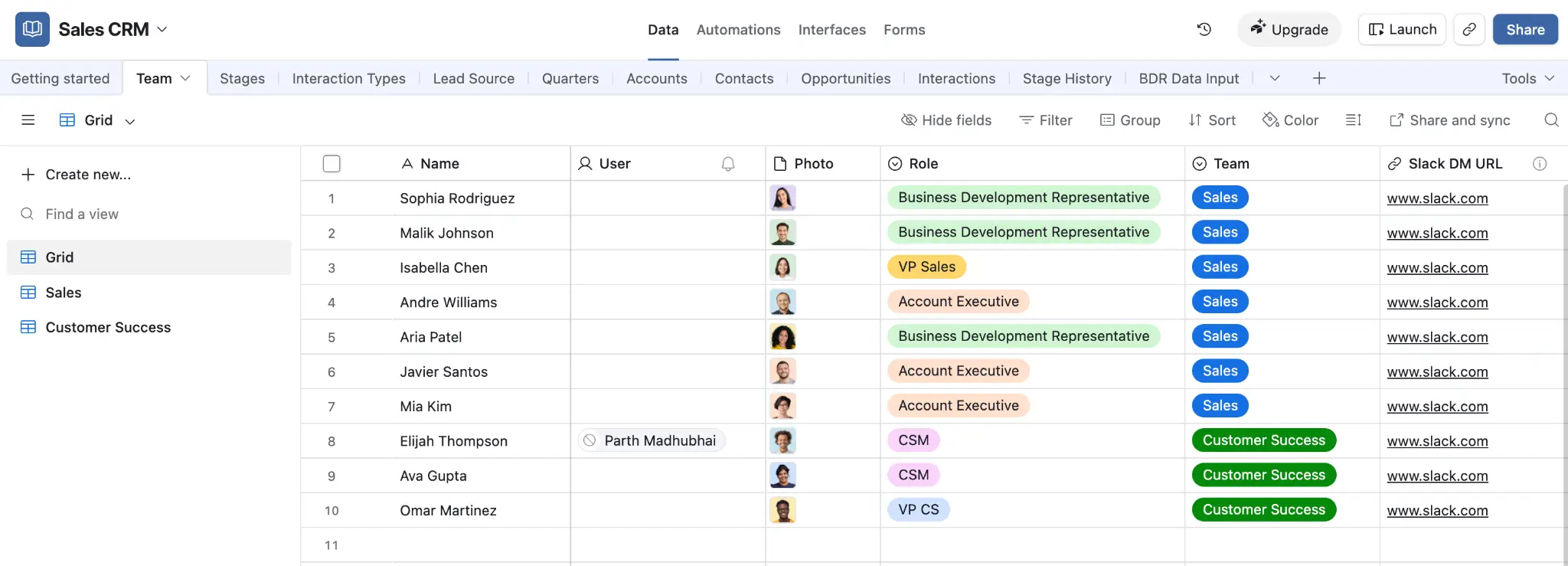 Airtable Team table fields including photo attachments, role tags and Slack URLs