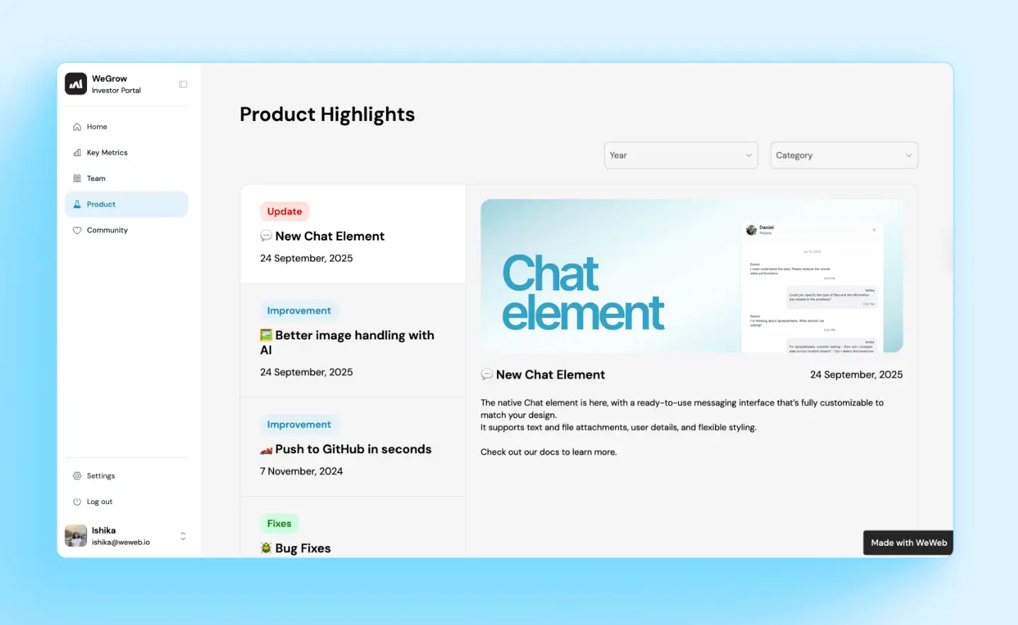 WeWeb product highlights page in sample app