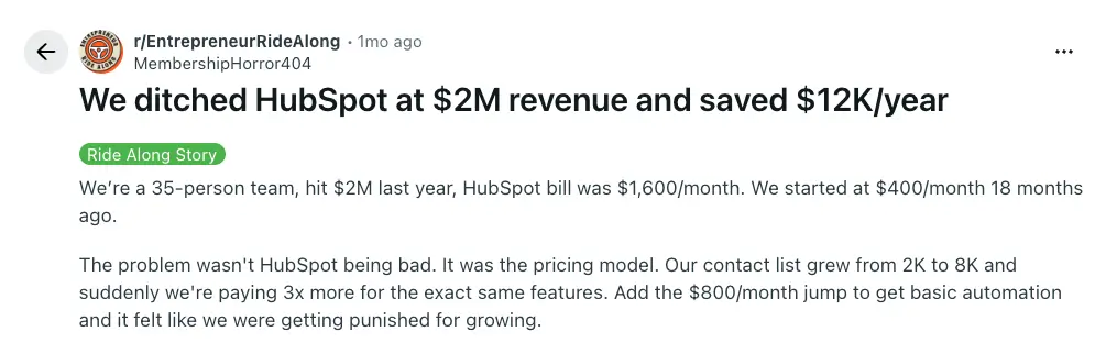 HubSpot review on Reddit