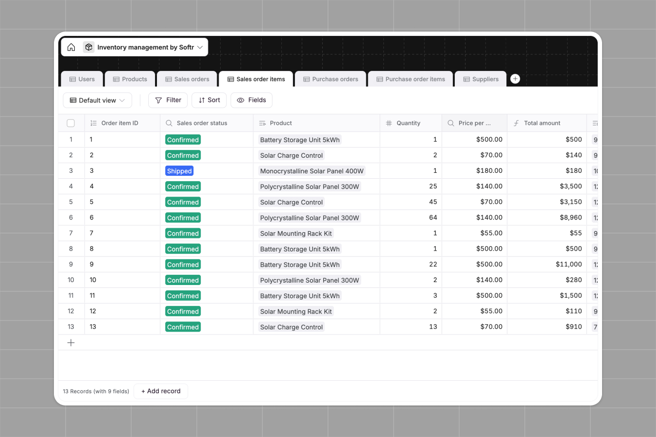 Softr Database view showing an inventory tracking database with items, suppliers, and reorder levels