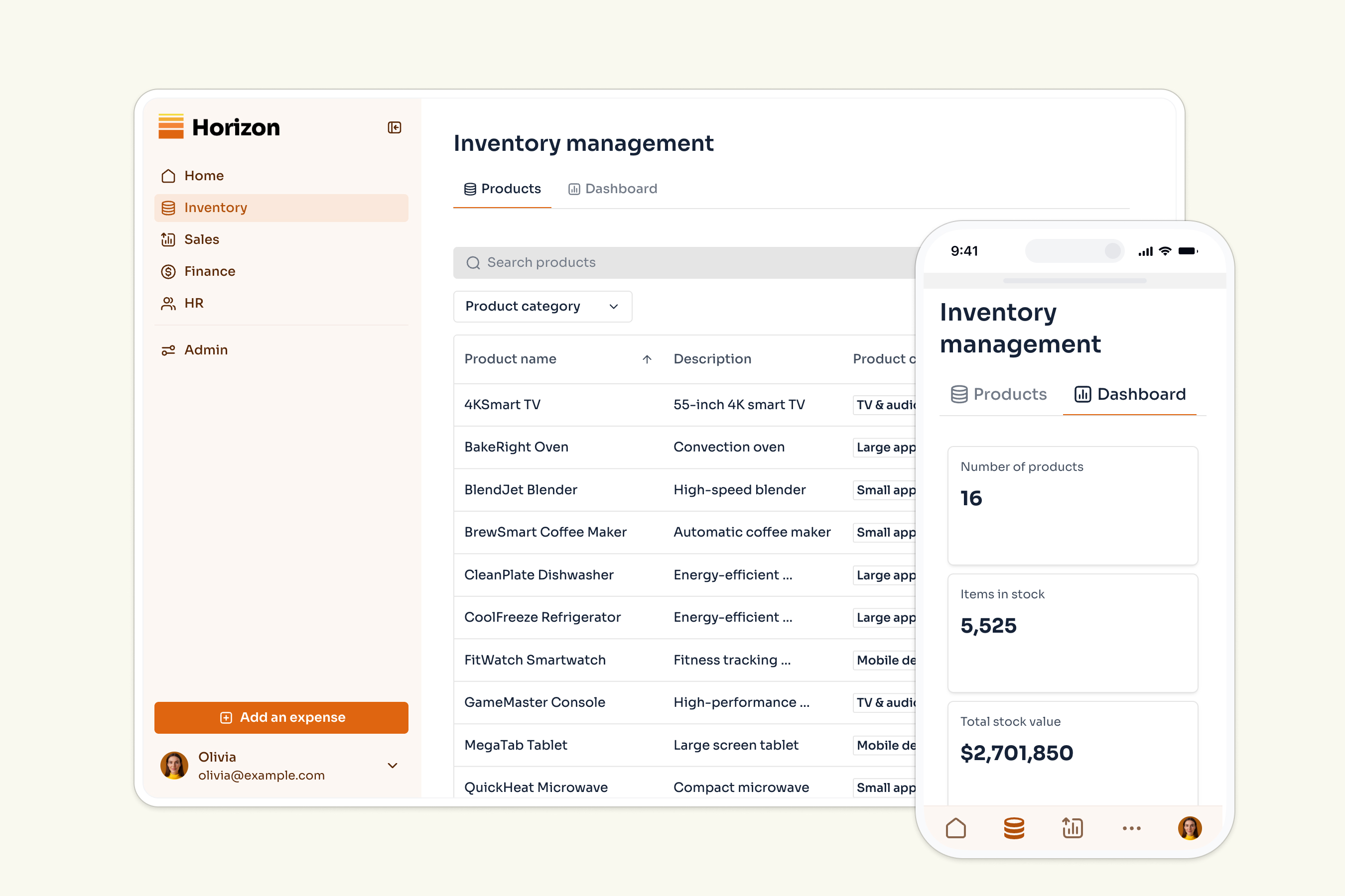 ERP inventory management product list dashboard showing stock levels and KPIs
