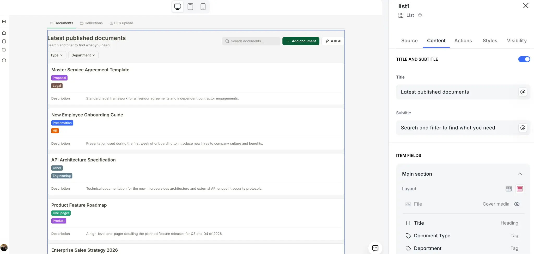 Configuring a list block on connected data inside the Softr Studio
