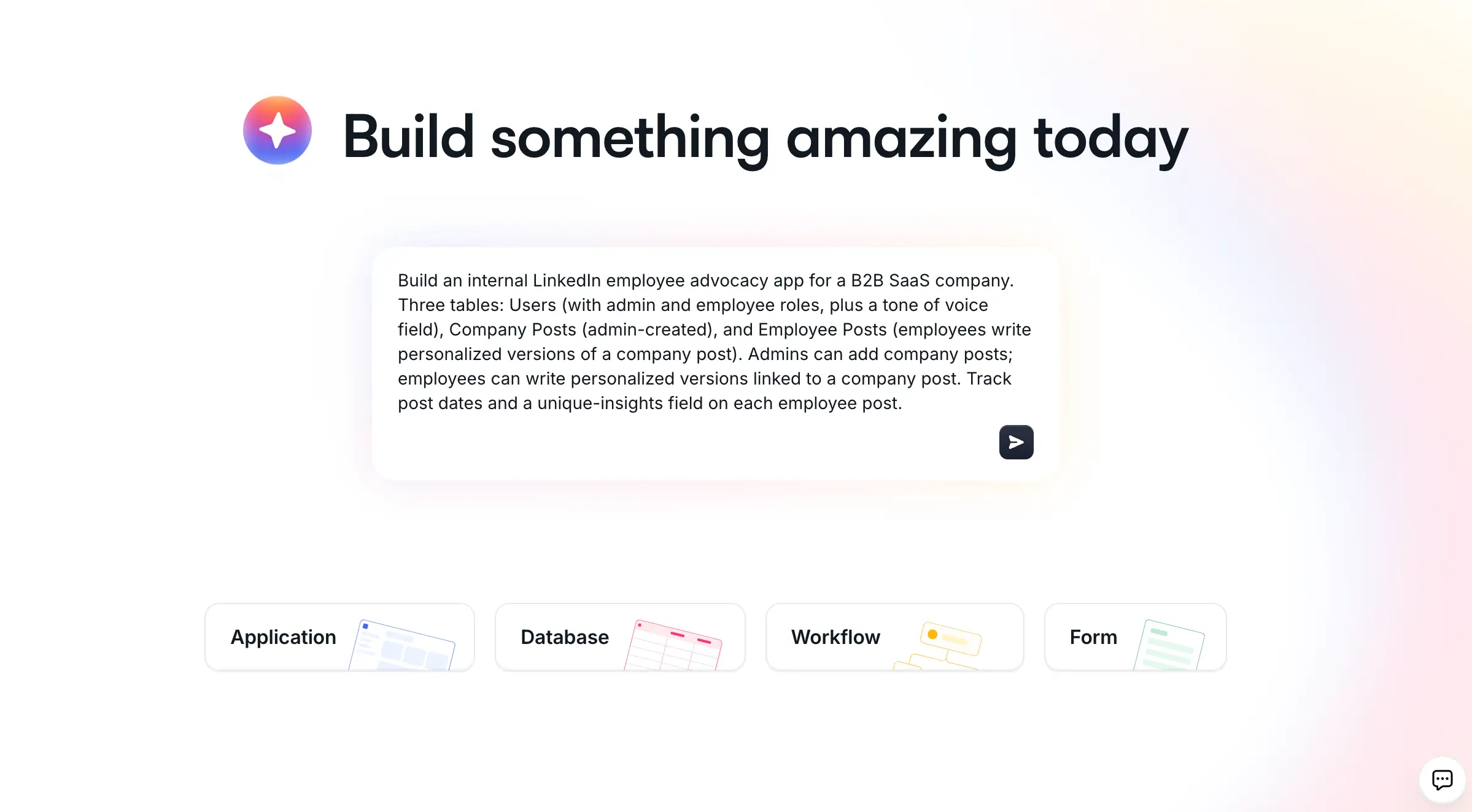 Softr AI Co-Builder dashboard where you describe an app and it gets generated from a prompt