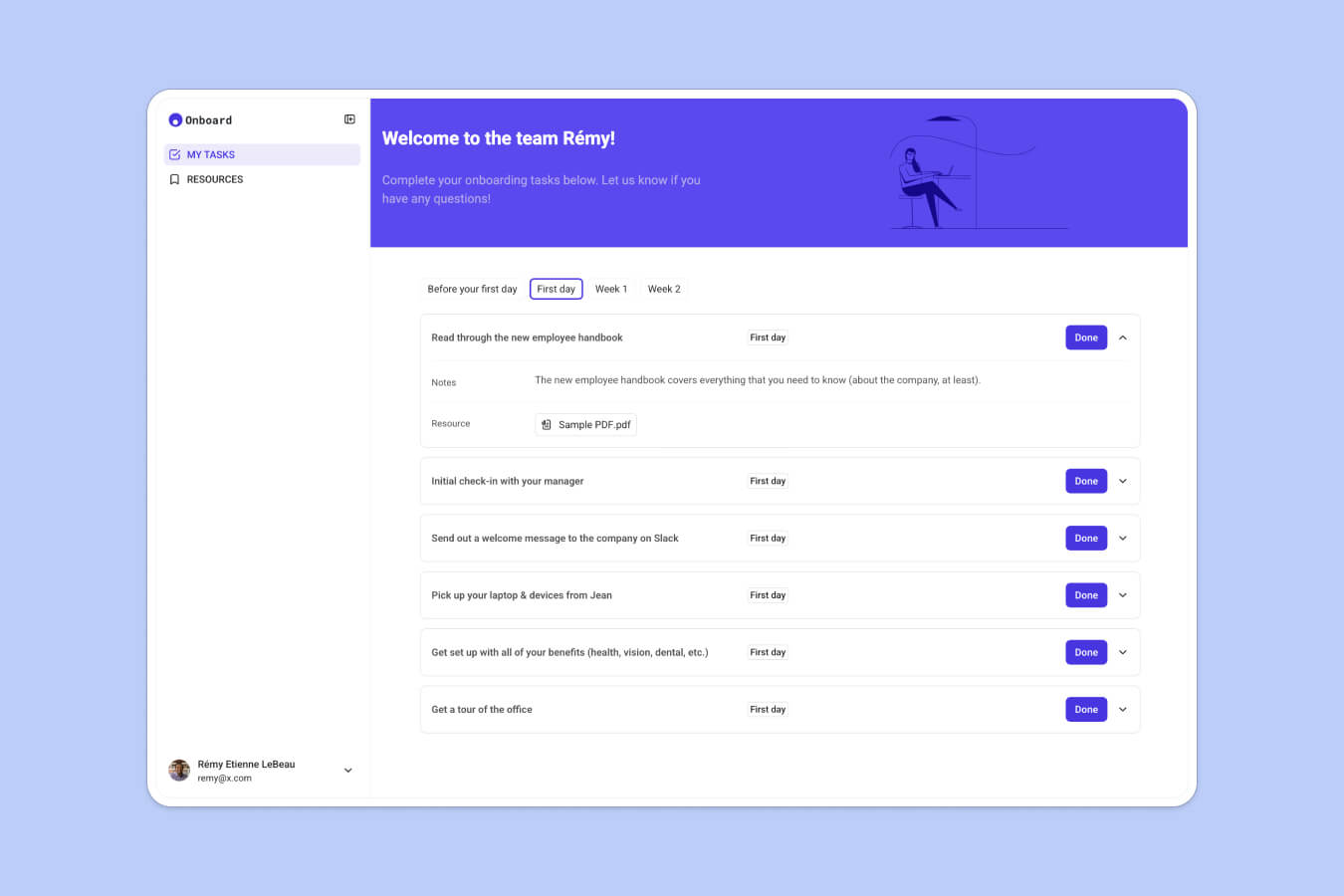Employee onboarding app in Softr showing a welcome banner and a task checklist organized by onboarding day