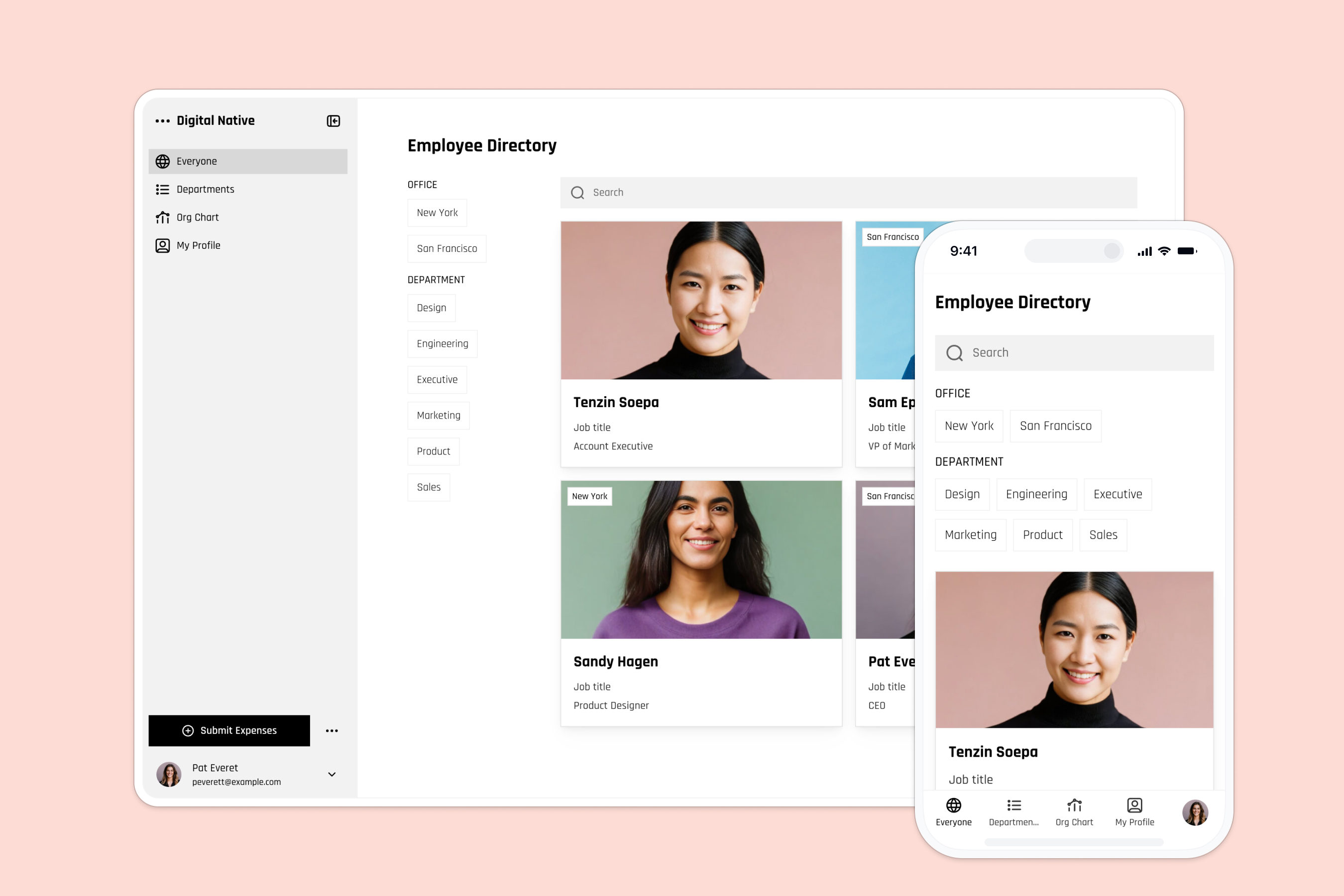 Softr employee directory user interface with search and filters