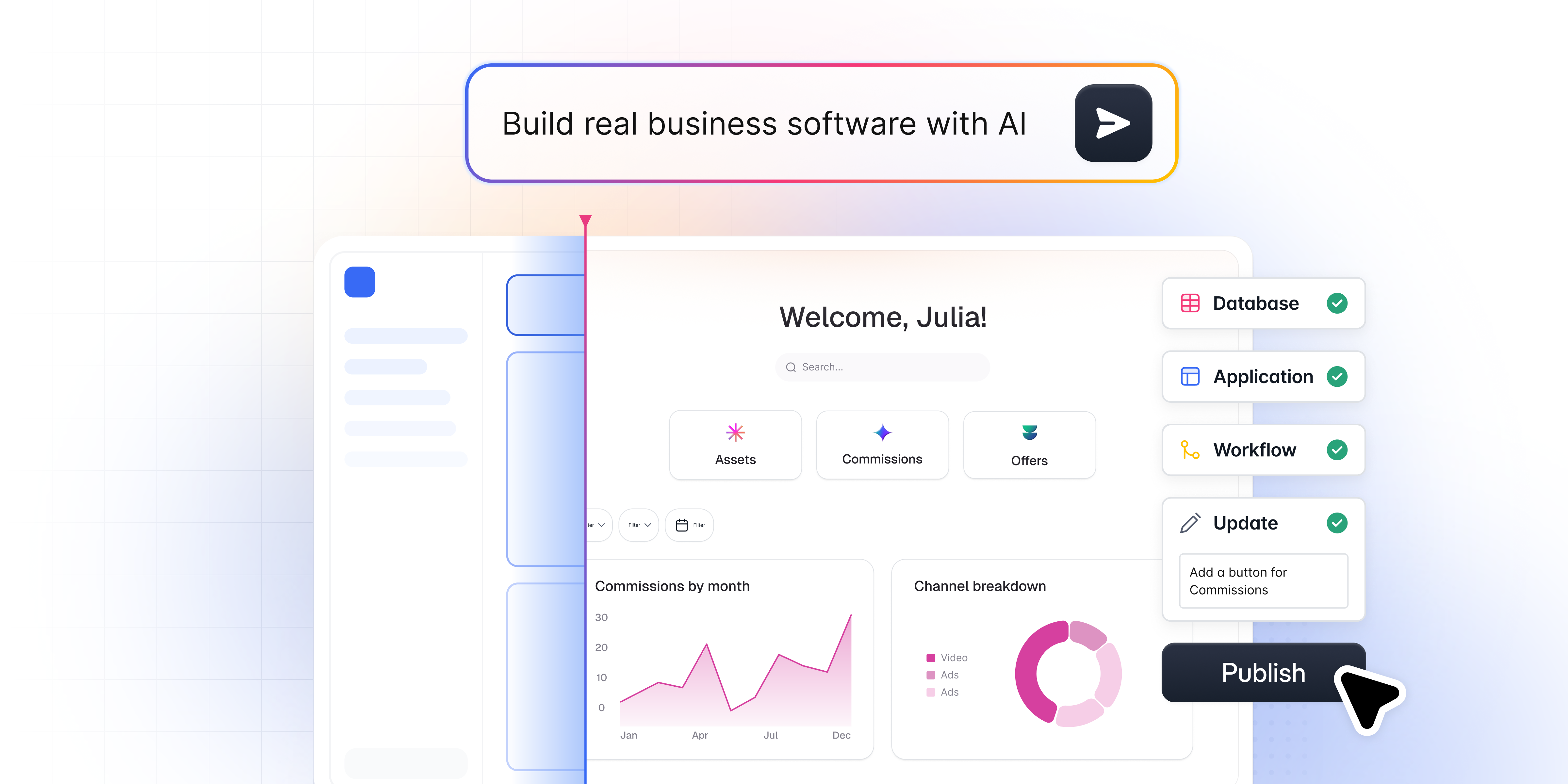 Softr AI Co-Builder generating a complete business app with database, interface, and workflows