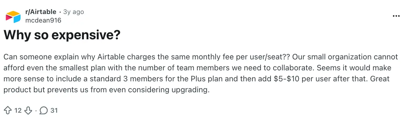 Airtable review on Reddit