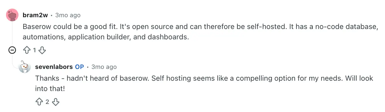 Baserow feedback on Reddit