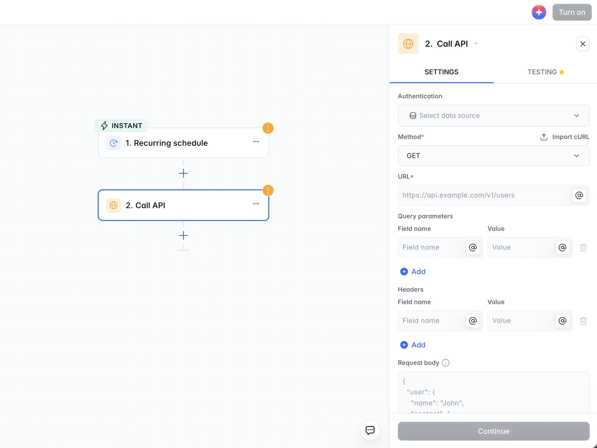 Setting up a Call API action in Softr workflows