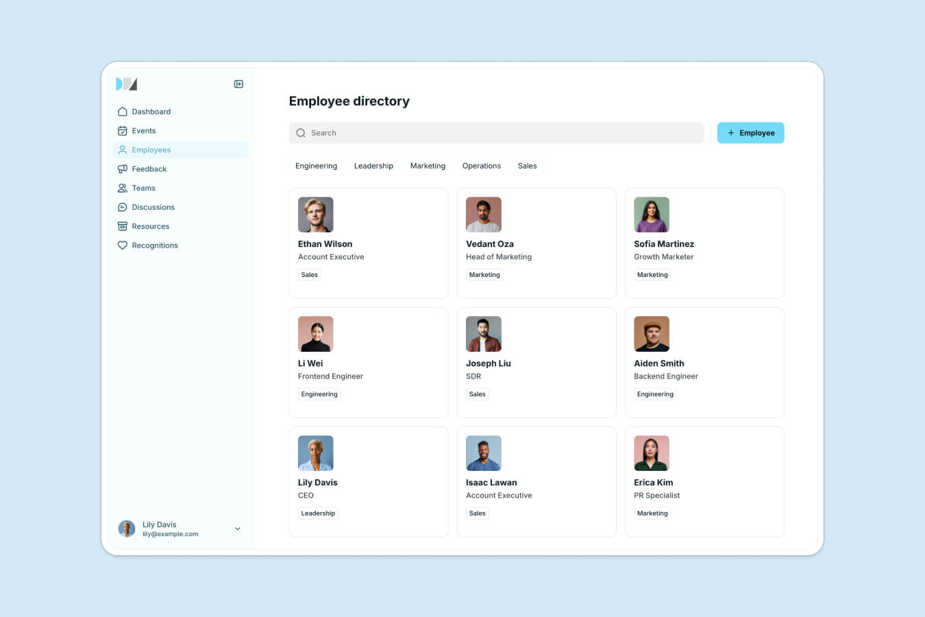 Softr employee directory page with a search bar, department filters, and employee profile cards